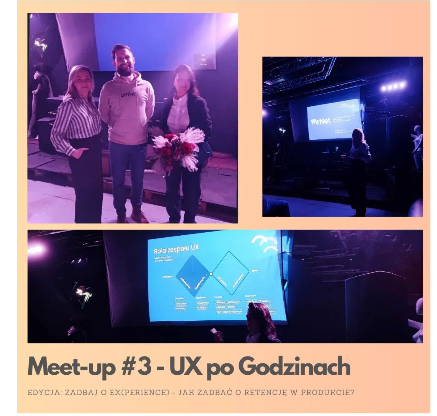 Meet-up #3 – UX po Godzinach. Edycja: Zadbaj o EX(perience) – jak zadbać o retencję w produkcie? Kolaż zdjęć z wydarzenia wykonany przez Krzyśka :)